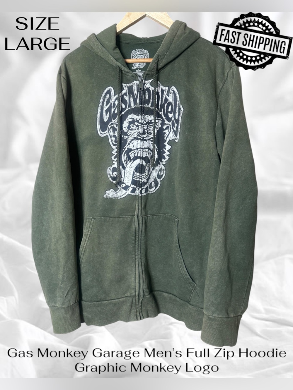 Gas Monkey Garage Men’s Large Full Zip Hoodie Graphic Monkey Logo FAST SHIPPING